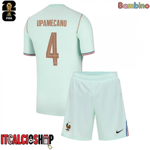 Francia Dayot Upamecano #4 Seconda Maglia Bambino Mondiali 2026 Manica Corta (+ Pantaloni corti)